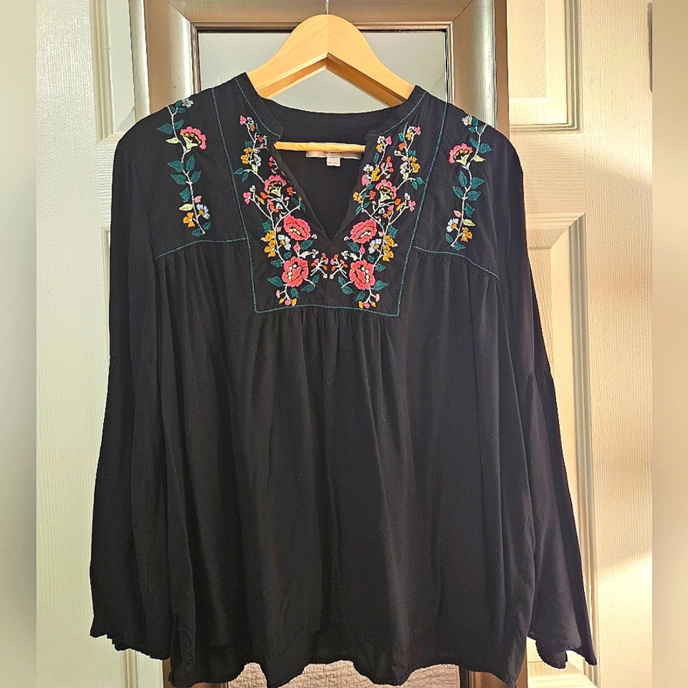 LOFT Neon Floral Embroidered Blouse Black XXL